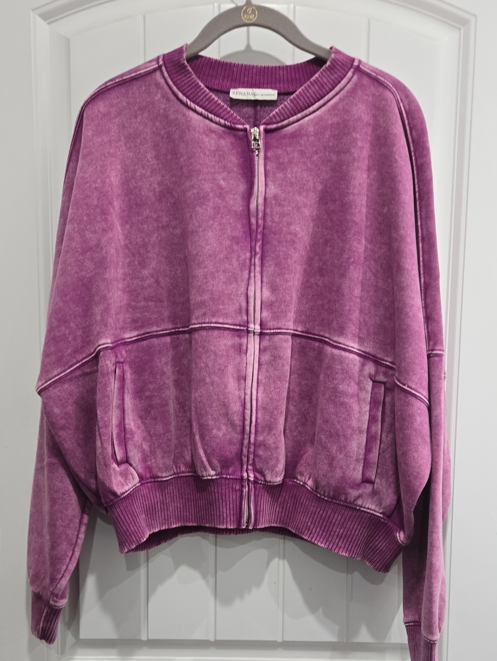 Zenana Outfitters Washed Purple Zip-Front Bomber Jacket